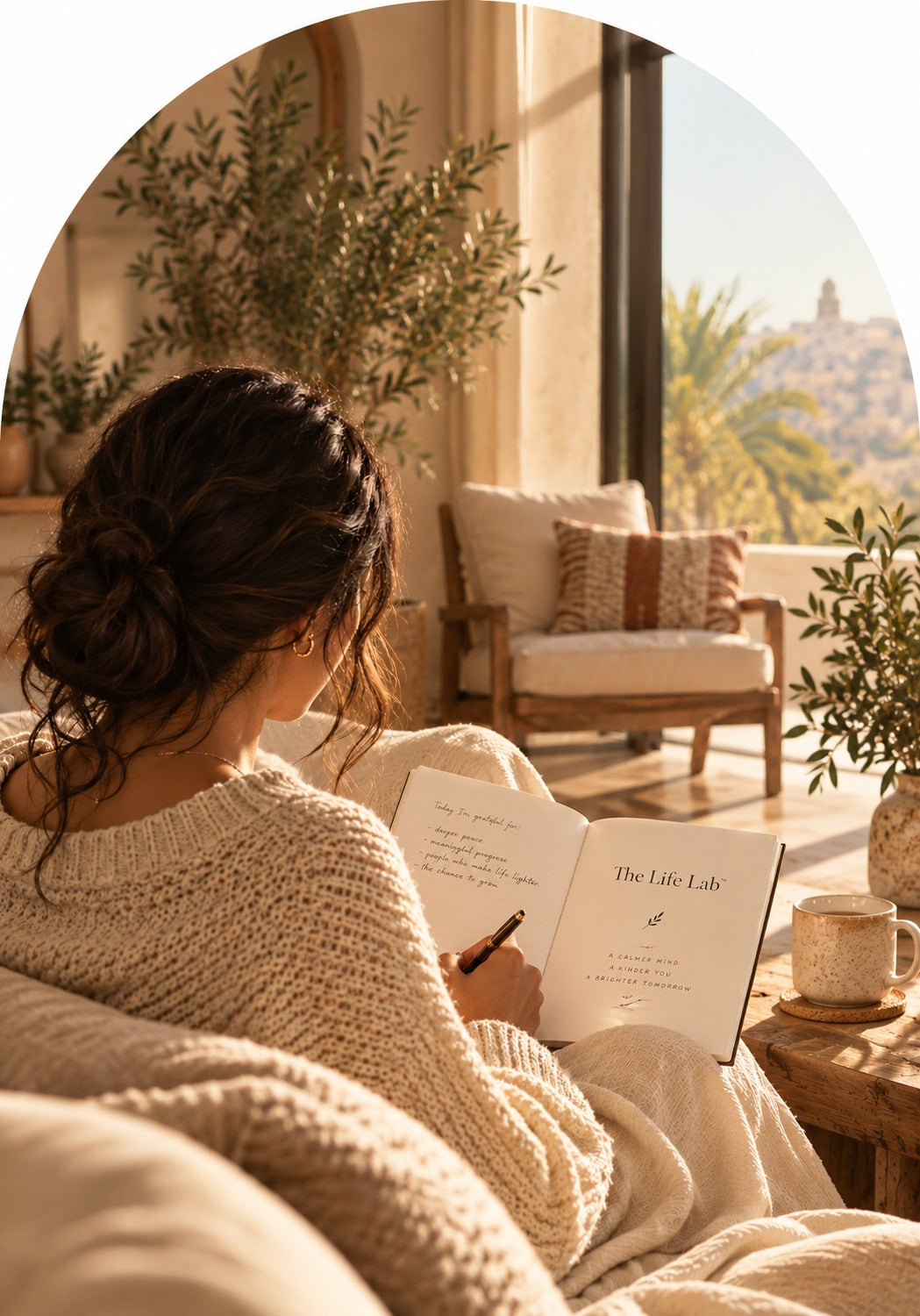 A woman journaling on a sofa in warm light